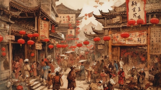 Uma pintura de uma cena de rua com lanternas chinesas penduradas no teto.