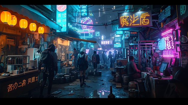 Foto uma pintura de uma cena de rua com pessoas andando na frente de um sinal de néon que diz a palavra