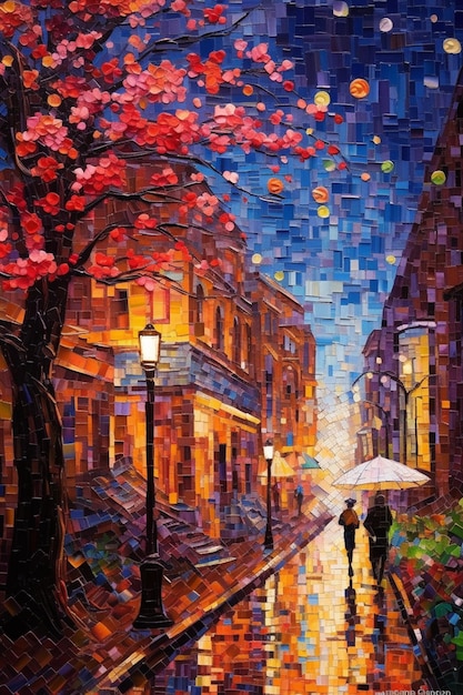 Uma pintura de uma cena de rua com um casal caminhando sob uma árvore com um guarda-chuva rosa.