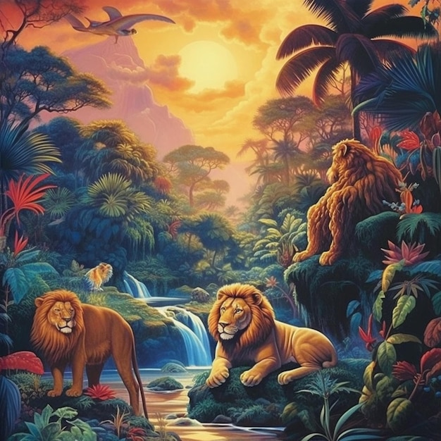 Uma pintura de uma cena de selva com um leão e uma cachoeira.