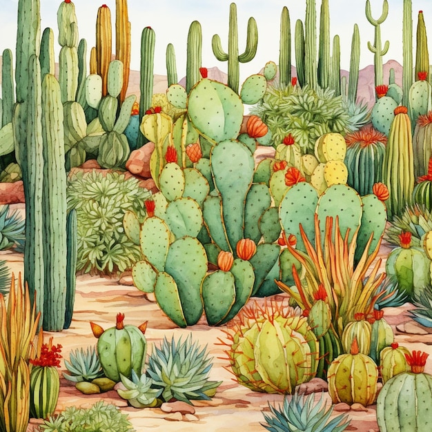 uma pintura de uma cena do deserto com cactos e pedras geradoras de IA