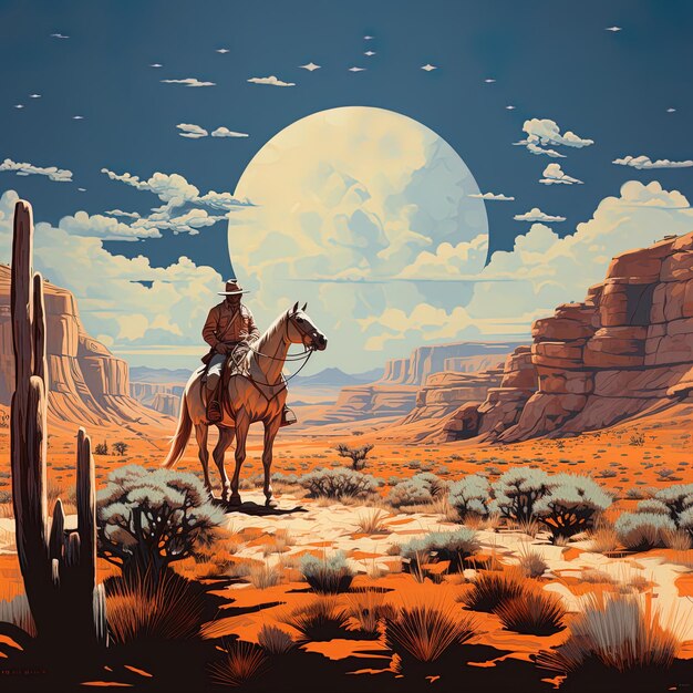 uma pintura de uma cena do deserto com um homem em um cavalo e uma lua no fundo