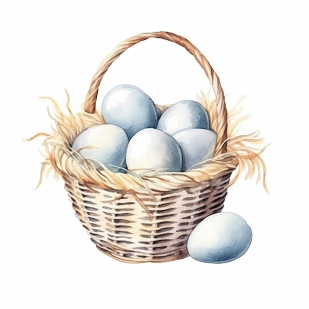 uma pintura de uma cesta com ovos e um pouco de palha generativa ai