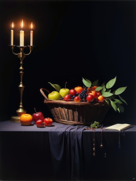 Uma pintura de uma cesta de frutas e uma garrafa de vinho sobre uma mesa