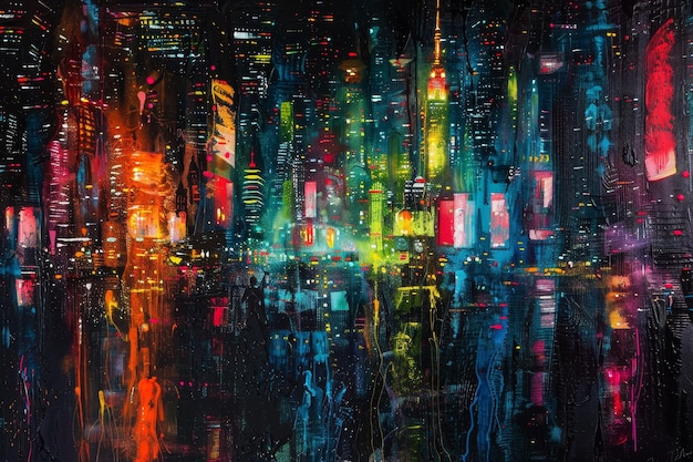 Uma pintura de uma cidade à noite com luzes de néon e um edifício alto