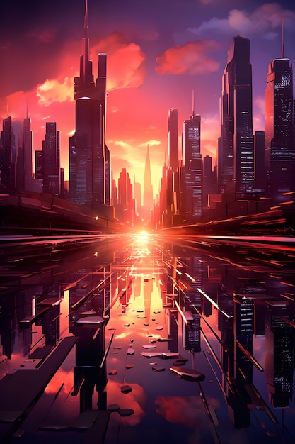 Foto uma pintura de uma cidade ao pôr do sol com um reflexo na água digitalpainting pintura de um