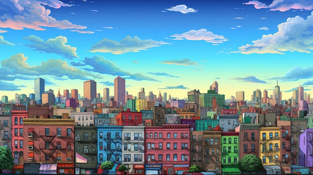 uma pintura de uma cidade colorida com uma cidade colorida ao fundo.