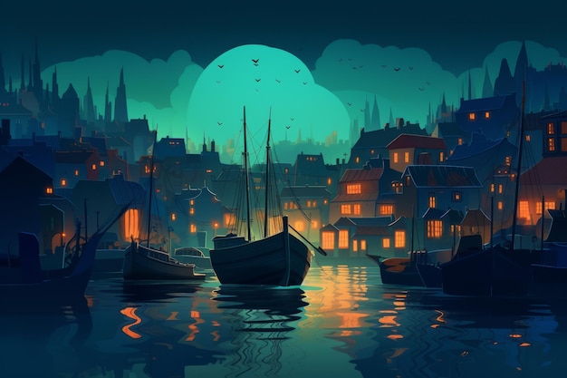 Uma pintura de uma cidade com barcos e uma lua ao fundo.