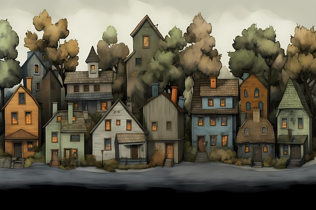 uma pintura de uma cidade com casas ao fundo.