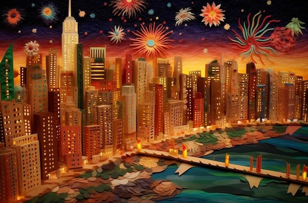 Uma pintura de uma cidade com fogos de artifício no céu.