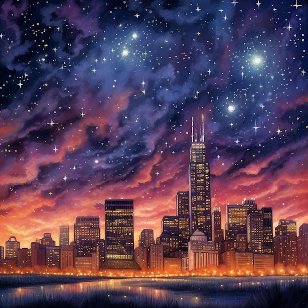 Uma pintura de uma cidade com o horizonte de chicago ao fundo.