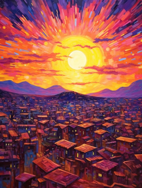 Uma pintura de uma cidade com o sol se pondo atrás dela