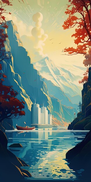 Foto uma pintura de uma cidade com um barco na água e montanhas ao fundo