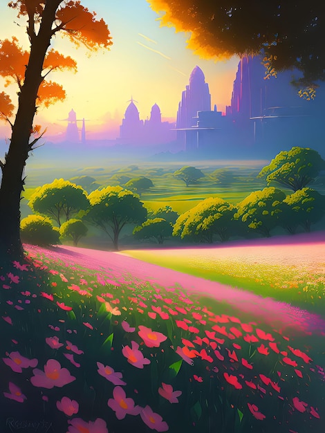 Uma pintura de uma cidade com um campo de flores rosa em primeiro plano.