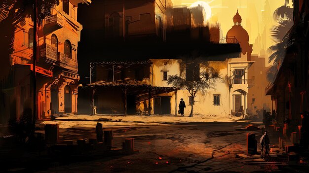 Foto uma pintura de uma cidade com um homem andando na frente dela