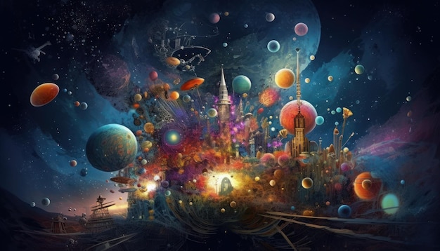 Uma pintura de uma cidade com um planeta e uma cidade ao fundo.