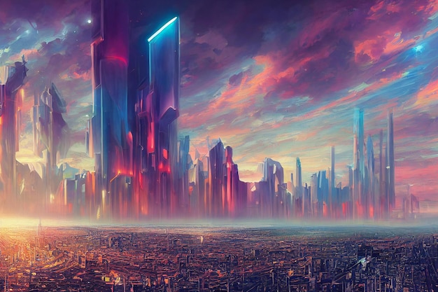 Uma pintura de uma cidade com uma cidade ao fundo