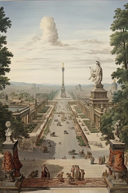 Foto uma pintura de uma cidade com uma estátua no meio