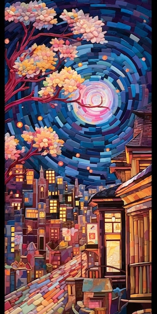 Uma pintura de uma cidade com uma lua e estrelas