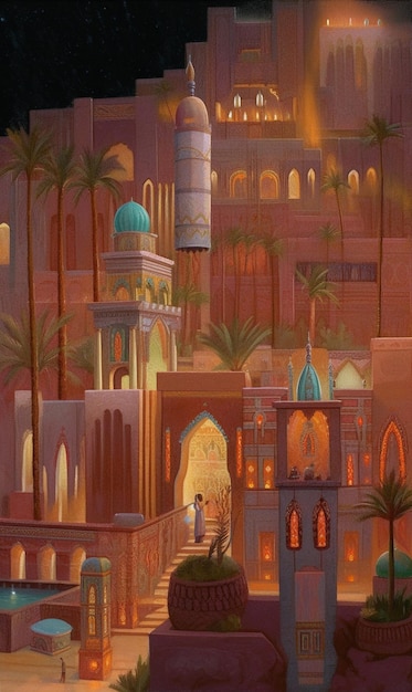 Uma pintura de uma cidade com uma mesquita ao fundo.