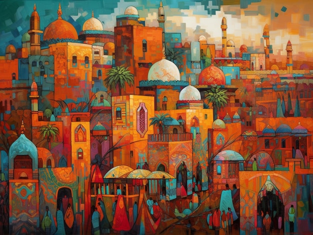 Uma pintura de uma cidade com uma mesquita no meio.