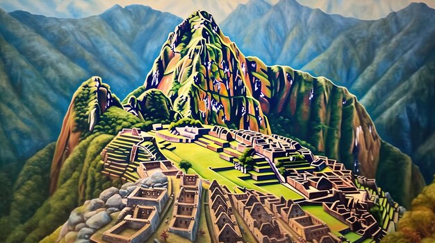 Foto uma pintura de uma cidade nas montanhas