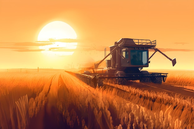 Uma pintura de uma colheitadeira em um campo com o sol ao fundo