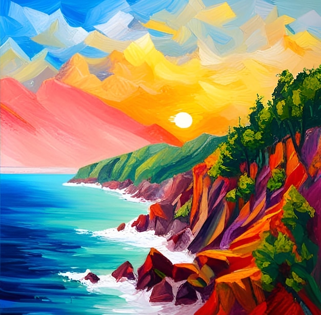 Uma pintura de uma costa rochosa com montanhas ao fundo.