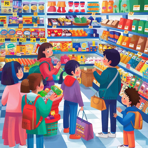 uma pintura de uma criança comprando em uma loja com um sinal que diz preço por libra
