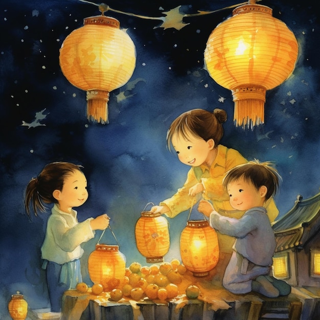 uma pintura de uma criança e uma lanterna com lanternas penduradas no teto.