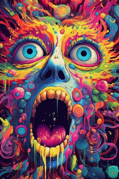 Uma pintura de uma criatura colorida com uma boca cheia de tinta colorida generativa ai