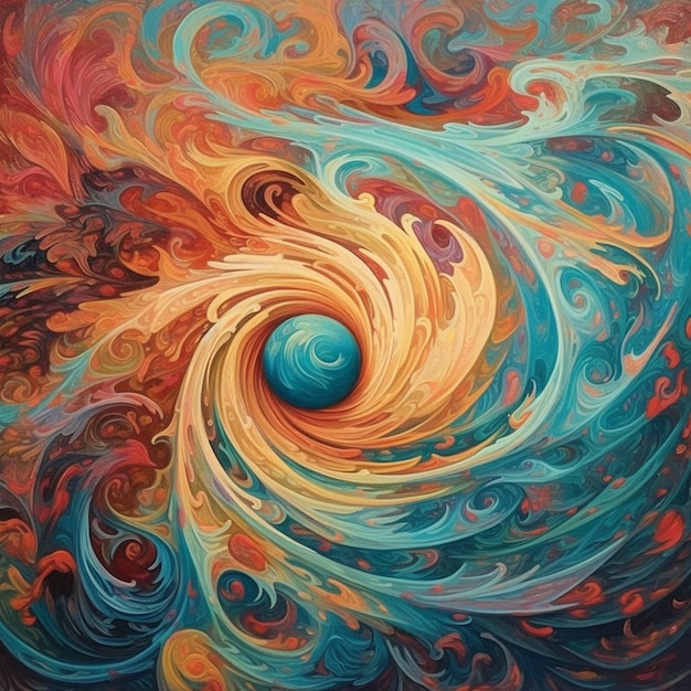 Uma pintura de uma espiral com um círculo azul no centro.
