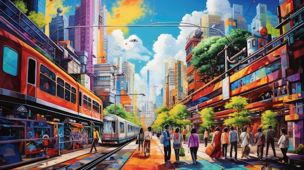 uma pintura de uma estação de trem com pessoas andando nos trilhos.