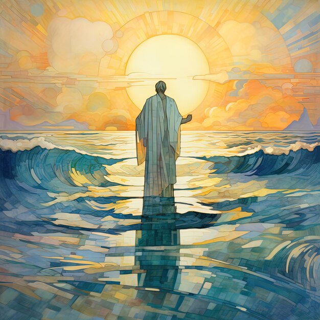 uma pintura de uma estátua de um homem de pé na água com o sol atrás dele