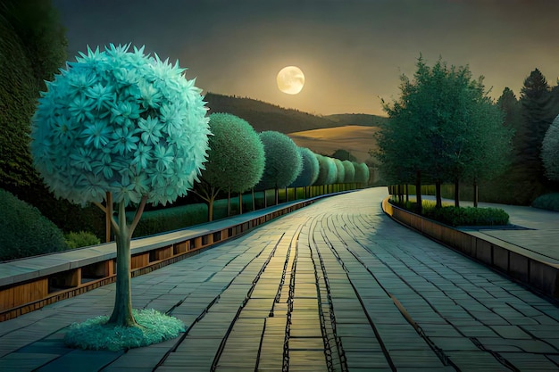Uma pintura de uma estrada com árvores e a lua ao fundo.