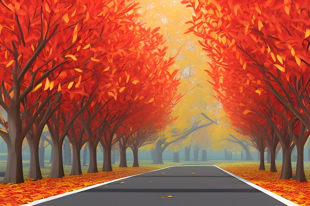 Uma pintura de uma estrada com árvores no outono