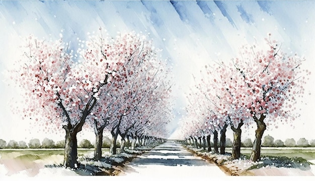 Uma pintura de uma estrada com cerejeiras rosa.