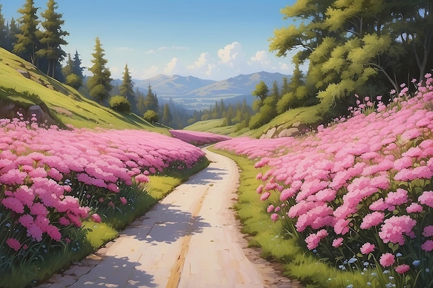 Uma pintura de uma estrada com flores cor-de-rosa