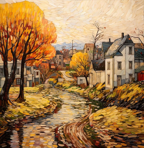Uma pintura de uma estrada com um rio e casas ao fundo no outono