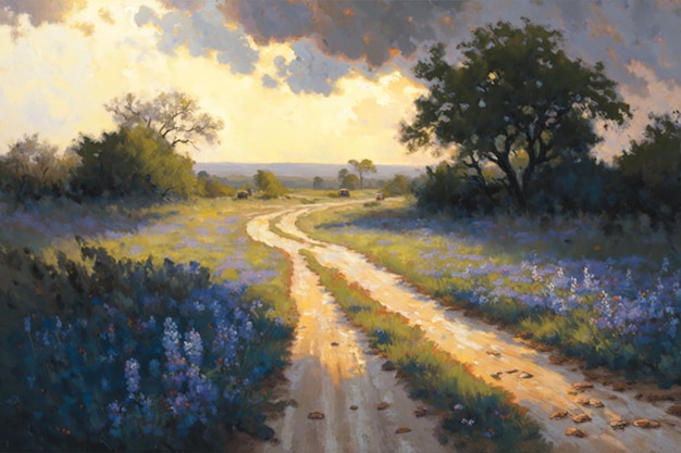 Uma pintura de uma estrada de terra com flores azuis e um céu nublado.