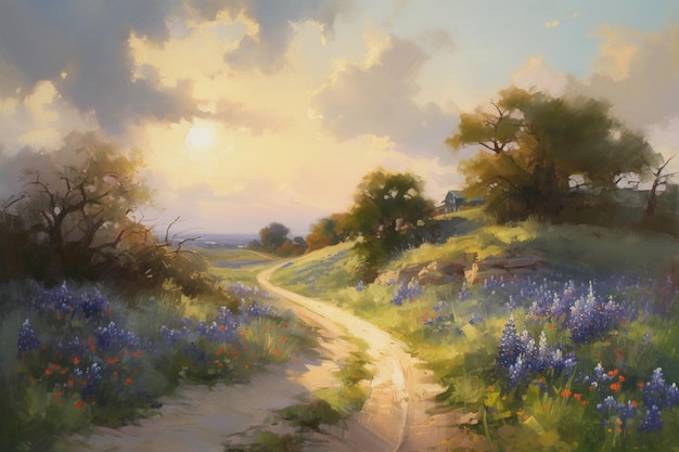 Uma pintura de uma estrada que leva a um campo de campainhas.