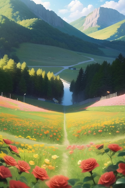 Uma pintura de uma estrada que leva a um vale com flores.