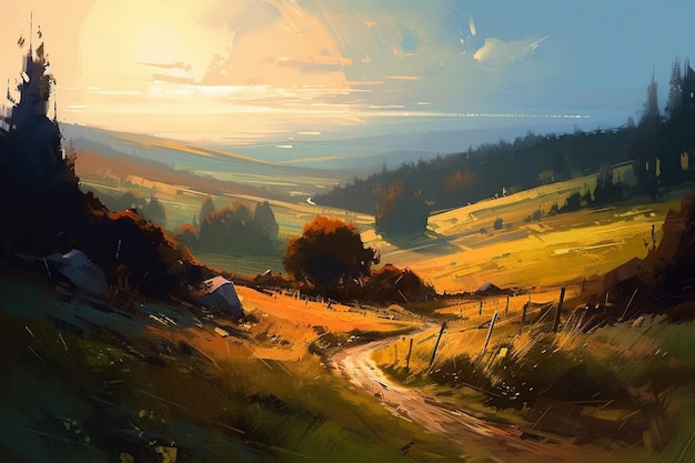 Uma pintura de uma estrada rural com um pôr do sol ao fundo.