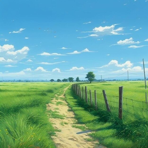 uma pintura de uma estrada secundária com cerca e grama
