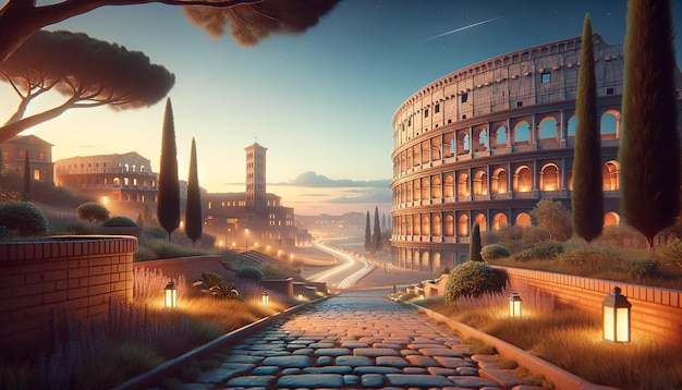 uma pintura de uma estrutura romana com uma estrada passando por ela