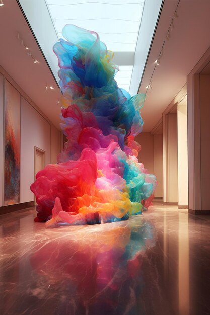 Uma pintura de uma explosão colorida é exibida em uma galeria.