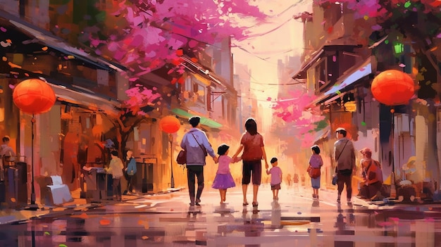Uma pintura de uma família andando por uma rua.