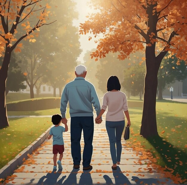 uma pintura de uma família caminhando por um caminho com uma criança de mãos dadas