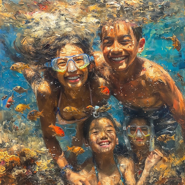 uma pintura de uma família com peixes nadando na água