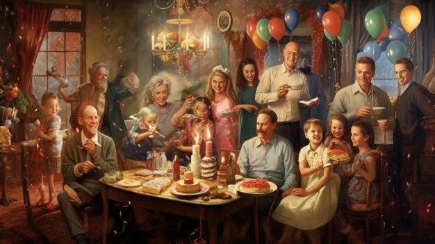 Uma pintura de uma família comemorando um aniversário.